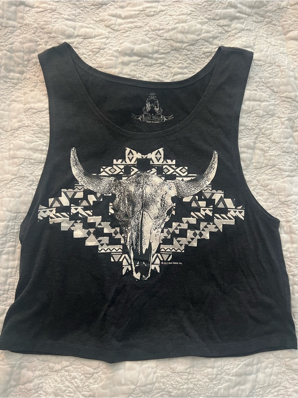Bear Dance Black Tank Top with White Bull Skull Graphic
